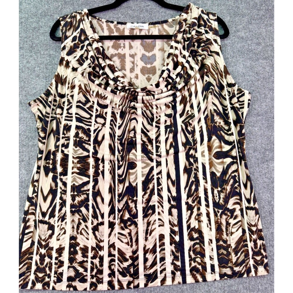 Calvin Klein XL Sleeveless Cowl Neck Animal Print Stretch Top Blouse Brown Tan